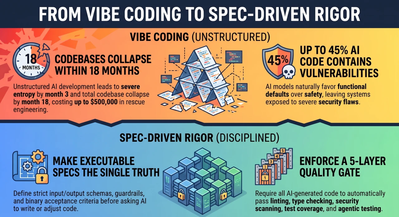 From Vibe Coding to Spec-Driven Rigor: codebase collapse and security risks contrasted with executable specifications and a five-layer quality gate.